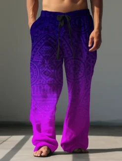 Best OUKU Gradient Bandana Print Vintage Men's 3D Print Pants Trousers Outdoor Street Going out Polyester Blue Purple Orange S M L Mid Waist Elasticity Pants