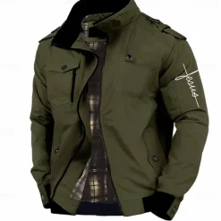 Outlet OUKU Graphic Letter Printed Jesus Men's Standing Collar Jacket Zip Up Combat Bomber Jacket Tactical Cargo Outwear Cotton Comfy Breathable Coat With Pockets