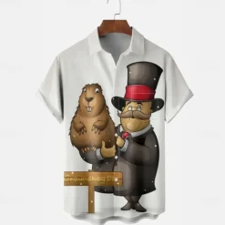 OUKU Groundhog Day Men's Animal Halloween Costumes Casual Shirt Button Up Shirt Short Sleeve Casual Causal Casual Summer Spring Turndown Button Up Pocket White