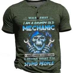 Online OUKU Grumpy Mechanic Skulls Men's Punk Style 3D Printed Henley T shirt Tee Street Holiday Going out T shirt Army Green Dark Blue Dark Gray Short Sleeve Henley Shirt Spring & Summer