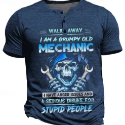 Online OUKU Grumpy Mechanic Skulls Men's Punk Style 3D Printed Henley T shirt Tee Street Holiday Going out T shirt Army Green Dark Blue Dark Gray Short Sleeve Henley Shirt Spring & Summer