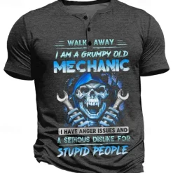 Online OUKU Grumpy Mechanic Skulls Men's Punk Style 3D Printed Henley T shirt Tee Street Holiday Going out T shirt Army Green Dark Blue Dark Gray Short Sleeve Henley Shirt Spring & Summer