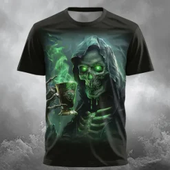 Online OUKU Halloween Day of the Dead Skull Men's Skull Beer T shirt Short Sleeve T shirt 3D Print Crew Neck Shirt Designer Gothic Party Street Summer Spring Clothing Apparel