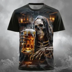 Online OUKU Halloween Day of the Dead Skull Men's Skull Beer T shirt Short Sleeve T shirt 3D Print Crew Neck Shirt Designer Gothic Party Street Summer Spring Clothing Apparel