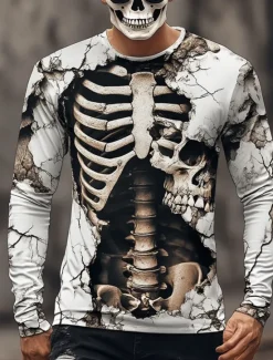 Hot OUKU Halloween Day of the Dead Skull Men's 3D Skeleton T Shirt Long Sleeve T shirt 3D Print Crew Neck Shirt Fashion Exaggerated Street Casual Daily Summer Spring Fall Clothing Apparel