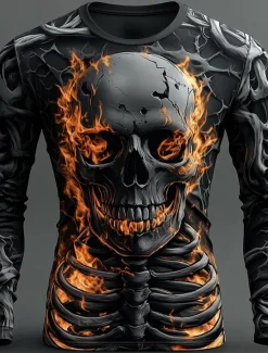 Sale OUKU Halloween Day of the Dead Skull Men's Skeleton Costume T Shirt Long Sleeve T shirt 3D Print Crew Neck Shirt Fashion Exaggerated Street Casual Daily Summer Spring Fall Clothing Apparel
