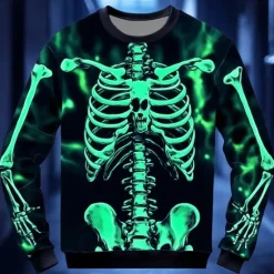 New OUKU Halloween Day of the Dead Skull Men's 3D Print Skeleton Sweatshirt Punk Party Long Sleeve Crew Neck Vacation Light Green Red Crewneck 3D All Seasons Designer