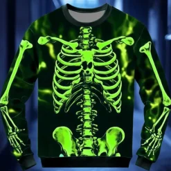 New OUKU Halloween Day of the Dead Skull Men's 3D Print Skeleton Sweatshirt Punk Party Long Sleeve Crew Neck Vacation Light Green Red Crewneck 3D All Seasons Designer