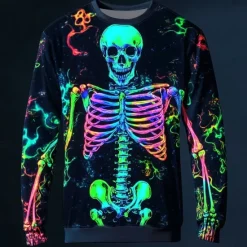 Hot OUKU Halloween Day of the Dead Skull Men's 3D Print Skeleton Sweatshirt Punk Party Long Sleeve Crew Neck Vacation White Purple Crewneck 3D All Seasons Designer