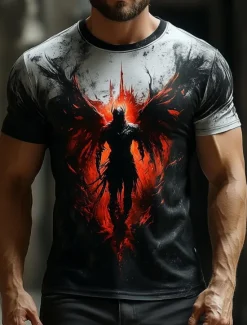 New OUKU Halloween Men's Angel & Devil T Shirt Short Sleeve T shirt 3D Print Crew Neck Shirt Fashion Exaggerated Designer Party Street Casual Black Red Blue Summer Spring All Seasons Clothing Apparel S M L XL