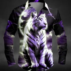 Online OUKU Halloween Men's Animal Tiger Lightning Shirt Button Up Shirt Long Sleeve Dark Outdoor Holiday Summer Spring Turndown 3D Print Collared Shirts Blue Purple Green