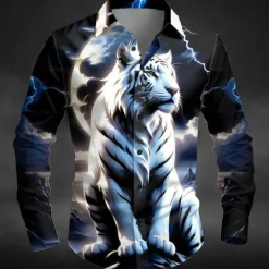 Online OUKU Halloween Men's Animal Tiger Lightning Shirt Button Up Shirt Long Sleeve Dark Outdoor Holiday Summer Spring Turndown 3D Print Collared Shirts Blue Purple Green