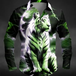 Online OUKU Halloween Men's Animal Tiger Lightning Shirt Button Up Shirt Long Sleeve Dark Outdoor Holiday Summer Spring Turndown 3D Print Collared Shirts Blue Purple Green