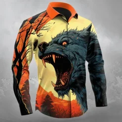Online OUKU Halloween Men's Animal Wolf Halloween Costumes Shirt Button Up Shirt Long Sleeve Dark Gothic Style Outdoor Holiday Spring Fall Turndown 3D Print Collared Shirts Orange yellow Blue Orange Dark Blue