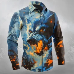 Online OUKU Halloween Men's Animal Wolf Halloween Costumes Shirt Button Up Shirt Long Sleeve Dark Gothic Style Outdoor Holiday Spring Fall Turndown 3D Print Collared Shirts Orange yellow Blue Orange Dark Blue