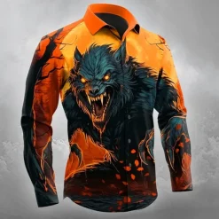 Online OUKU Halloween Men's Animal Wolf Halloween Costumes Shirt Button Up Shirt Long Sleeve Dark Gothic Style Outdoor Holiday Spring Fall Turndown 3D Print Collared Shirts Orange yellow Blue Orange Dark Blue