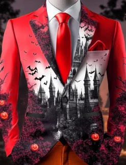 Online OUKU Halloween Men's Bat Castle Blazer Jacket Comfortable Artistic Casual Party Evening Wear Daily Festival 3D Print Buttons Multi Pocket Spring Fall & Winter Flat collar Long Sleeve Red Orange Green