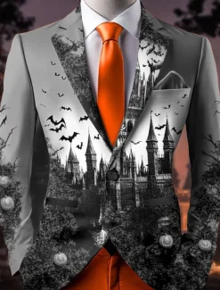Online OUKU Halloween Men's Bat Castle Blazer Jacket Comfortable Artistic Casual Party Evening Wear Daily Festival 3D Print Buttons Multi Pocket Spring Fall & Winter Flat collar Long Sleeve Red Orange Green