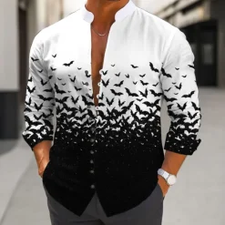 Best OUKU Halloween Men's Bat Halloween Costumes Shirt Stand Collar Shirt Long Sleeve Dark Gothic Style Outdoor Holiday Spring Fall Mandarin Collar Band Collar Button-Down Linen Like Shirt White Purple Orange