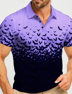 Hot OUKU Halloween Men's Bat Polo Short Sleeve Polo Shirts Lapel Casual Athleisure Daily Wear Festival Outfit 3D Print Buttons Summer White Purple Orange