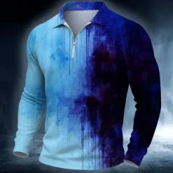 Outlet OUKU Halloween Men's Blood stains Polo Long Sleeve Polo Shirts Casual Dark Outdoor Street Daily Wear 3D Print Quarter Zip Polo Spring Fall Winter Red Blue Gray