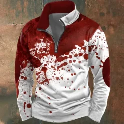 New OUKU Halloween Men's Blood stains Sweatshirt Casual Long Sleeve High Neck Party Holiday Club Red Blue Zipper Quarter Zip Fall Winter Designer