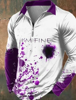OUKU Halloween Men's Blood stains Zip Polo Shirts Long Sleeve Polo Shirts Lapel Casual Horror Dark Outdoor Festival Outfit 3D Print Spring Fall Winter Red Blue Purple