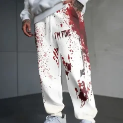 Clearance OUKU Halloween Men's Blood stains Halloween Costumes Sweatpants Joggers Trousers Mid Waist Drawstring Elastic Waist Casual Jogging Streetwear Workout Athletic Sweatpants with Pockets Spring Fall 3D Print White