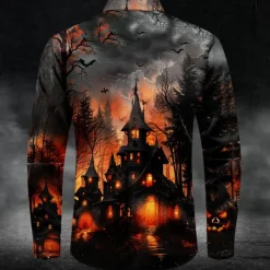 Sale OUKU Halloween Men's Castle Halloween Costumes Shirt Button Up Shirt Long Sleeve Casual Dark Party Evening Wear Fall Winter Spring & Summer Turndown Shirt Collar Button Up 3D Print Orange