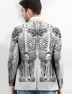 New OUKU Halloween Men's Coat Blazer Outdoor Street Festival Casual Daily Modern All Seasons 100% Polyester Skeleton 3D Print Buttons Comfortable Single Breasted Blazer Brown Gray