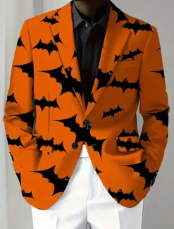 Best OUKU Halloween Men's Coat Blazer Outdoor Street Festival Casual Daily British All Seasons 100% Polyester Bat 3D Print Buttons Comfortable Single Breasted Blazer Black Orange Brown