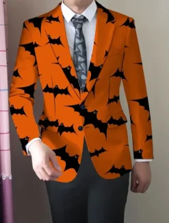 Best OUKU Halloween Men's Coat Blazer Outdoor Street Festival Casual Daily British All Seasons 100% Polyester Bat 3D Print Buttons Comfortable Single Breasted Blazer Black Orange Brown