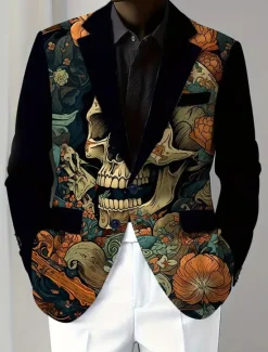 Outlet OUKU Halloween Men's Coat Blazer Party Street Festival Casual Daily British All Seasons 100% Polyester Pumpkin 3D Print Buttons Comfortable Single Breasted Blazer Black Orange Brown