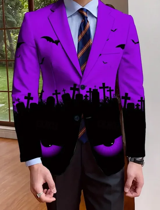OUKU Halloween Men's Coat Blazer Outdoor Street Festival Casual Daily All Seasons 100% Polyester Bat 3D Print Buttons Comfortable Single Breasted Blazer White Purple Orange