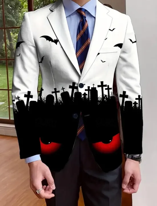 OUKU Halloween Men's Coat Blazer Outdoor Street Festival Casual Daily All Seasons 100% Polyester Bat 3D Print Buttons Comfortable Single Breasted Blazer White Purple Orange