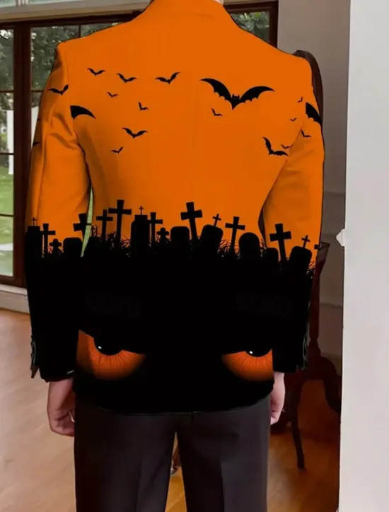 OUKU Halloween Men's Coat Blazer Outdoor Street Festival Casual Daily All Seasons 100% Polyester Bat 3D Print Buttons Comfortable Single Breasted Blazer White Purple Orange