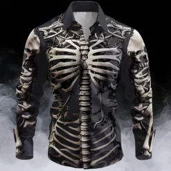 OUKU Halloween Men's Cool Skulls Halloween Costumes Button Up Shirt Long Sleeve Horror Dark Party Evening Wear Fall Winter Spring & Summer Shirt Collar Button Up 3D Print Black
