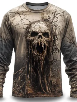 Sale OUKU Halloween Men's Cool Skulls T Shirt Long Sleeve T shirt 3D Print Crew Neck Shirt Horror Street Casual Daily Summer Spring Fall Clothing Apparel S M L XL XXL XXXL Khaki