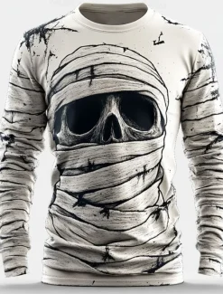 OUKU Halloween Men's Cool Skulls T Shirt Long Sleeve T shirt 3D Print Crew Neck Shirt Designer Horror Street Casual Daily Summer Spring Fall Clothing Apparel S M L XL XXL XXXL White
