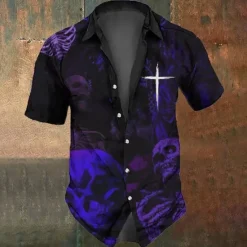 Hot OUKU Halloween Men's Cross Halloween Costumes Skulls Shirt Button Up Shirt Short Sleeve Dark Gothic Style Holiday Summer Spring Turndown 3D Print Collared Shirts Black Purple