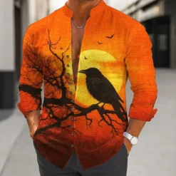 Best OUKU Halloween Men's Crow Halloween Costumes Shirt Stand Collar Shirt Long Sleeve Dark Gothic Style Outdoor Holiday Spring Fall Mandarin Collar Band Collar Button-Down Linen Like Shirt Blue Orange