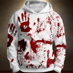 Sale OUKU Halloween Men's 3D Blood stains Hoodies Sweatshirt Punk Exaggerated Long Sleeve Crew Neck Club Streetwear White 1 White Drawstring Fall Winter Designer