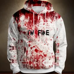 Sale OUKU Halloween Men's 3D Blood stains Hoodies Sweatshirt Punk Exaggerated Long Sleeve Crew Neck Club Streetwear White 1 White Drawstring Fall Winter Designer