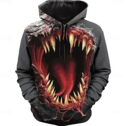 Online OUKU Halloween Men's 3D Mouth Hoodies Sweatshirt Punk Exaggerated Long Sleeve Crew Neck Club Streetwear Black Gray Drawstring Graphic Fall Winter Designer