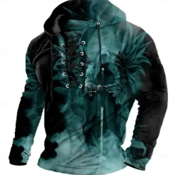 Hot OUKU Halloween Men's 3D Print Reaper Sweatshirt Punk Exaggerated Long Sleeve Crew Neck Club Streetwear Lake blue Black Drawstring Fall Winter Designer