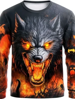 Sale OUKU Halloween Men's 3D Werewolf T Shirt Long Sleeve T shirt 3D Print Crew Neck Shirt Fashion Exaggerated Street Casual Daily Blue Purple Orange Summer Spring Fall Clothing Apparel S M L XL XXL XXXL