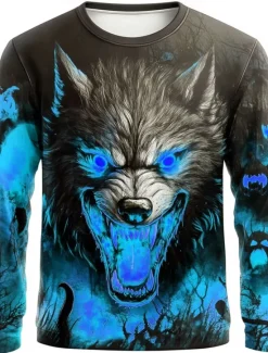 Sale OUKU Halloween Men's 3D Werewolf T Shirt Long Sleeve T shirt 3D Print Crew Neck Shirt Fashion Exaggerated Street Casual Daily Blue Purple Orange Summer Spring Fall Clothing Apparel S M L XL XXL XXXL