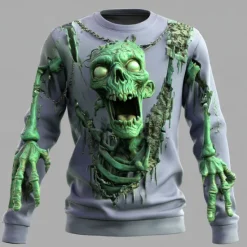 Best OUKU Halloween Men's 3D Zombies Sweatshirt Punk Party Crew Neck Vacation Dark Green Purple Crewneck 3D All Seasons Designer