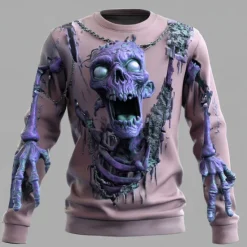 Best OUKU Halloween Men's 3D Zombies Sweatshirt Punk Party Crew Neck Vacation Dark Green Purple Crewneck 3D All Seasons Designer