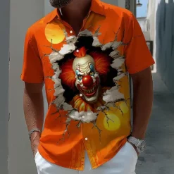 New OUKU Halloween Men's Devil Clown Ripped Shirt Summer Shirt Button Up Shirt Short Sleeve Dark Punk Gothic Style Holiday Streetwear Summer Spring Turndown 3D Print Collared Shirts Orange red Orange